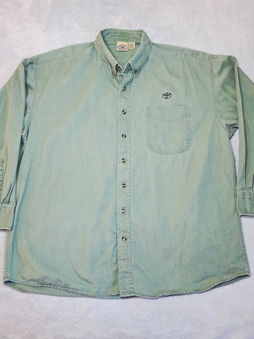 Toyota Embroidered Denim Shirt Mens 2XL Sage Green Vintage 90s Workwear